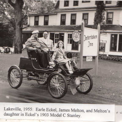 1955 Lakeville, CT Meet - Earle Eckel, James Melton and Melton's daughter in 1903 Stanley Model C, 1955