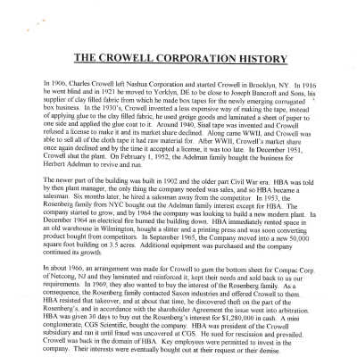 Company history of Crowell Tape Corporation