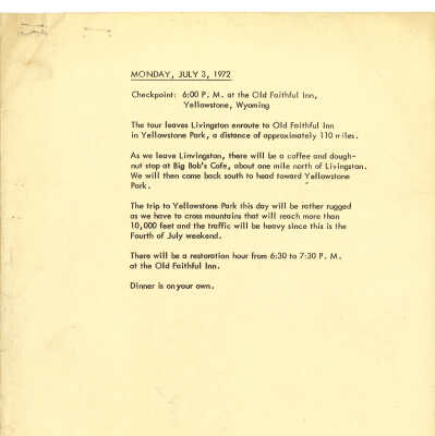 1972 Transcontinental Tour daily plan