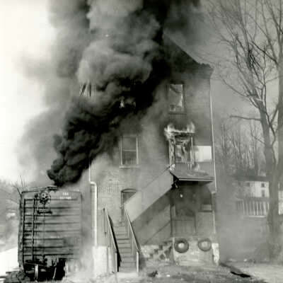 Crowell Tape Mill on fire, 1964