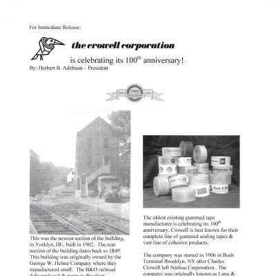 Press release announcing the 100th anniversary of Crowell Corporation, 2006