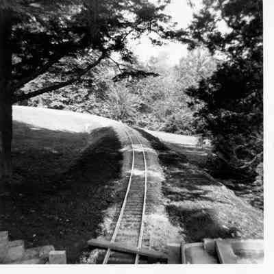 Finished railroad on the front lawn near the current location of the pond, 1960
