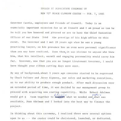 Herb Adelman's speech at a ceremony dedicating a new machine for the Crowell plant, 1985