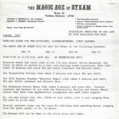 Outreach flyer promoting the Magic Age of Steam, 1977