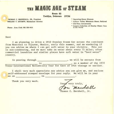 1972 Transcontinental Tour form letter to source water