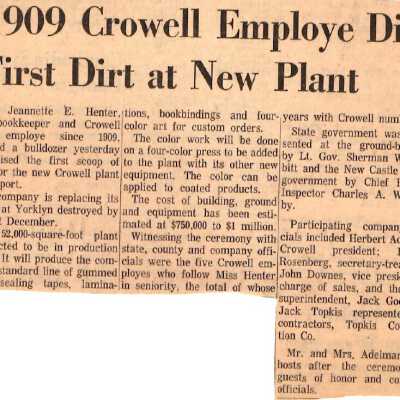 Groundbreaking of Crowell Tape Company highlighting employee from 1909, 1965