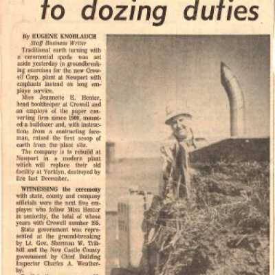 Wilmington Morning News clipping regarding Jeanette Henter and the Crowell Tape plant groundbreaking, 1965
