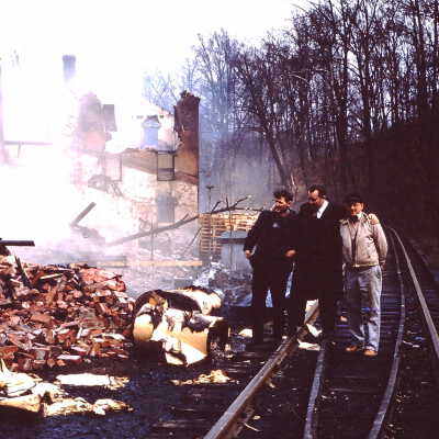 Crowell Tape Mill building after fire view from rail tracks, 1964
