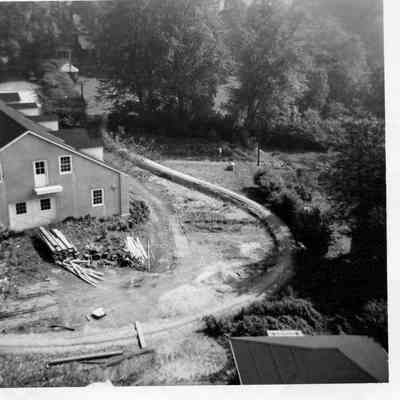 Aerial view of the museum and partially constructed railroad, 1960