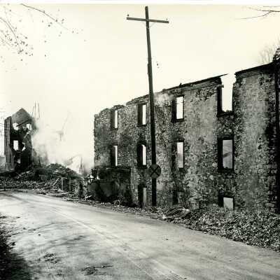 Crowell Tape Mill burned building viewed from Route 82, 1964