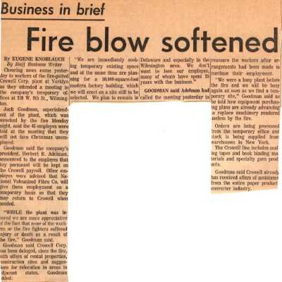 Newspaper clipping about the post-fire meeting with employees of the Crowell Tape Mill, 1964