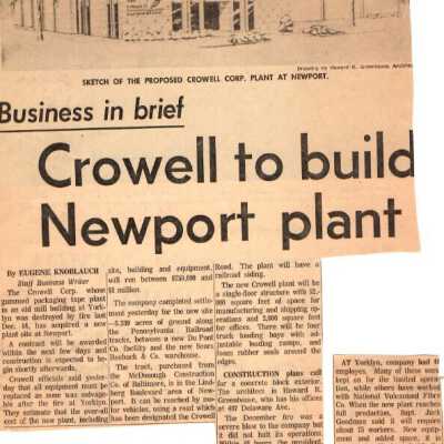 Newspaper clipping of Crowell Tape plans to build new plant, 1965