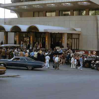 1972 Transcontinental Tour - entrants parked at the Le Chateau Champlain Hotel in Montreal, ONT, Canada