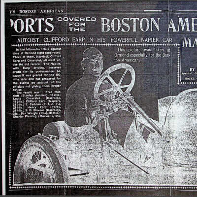 1906 article in Boston Globe regarding Fred Marriott speed record at Ormond Beach, FL