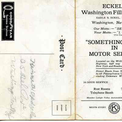 Promotional postcard for Earle Eckel's Filling Station in Washington, NJ