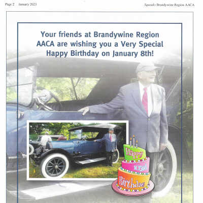 Irenee DuPont birthday wishes in Brandywine Region AACA Squeaks magazine, 2023