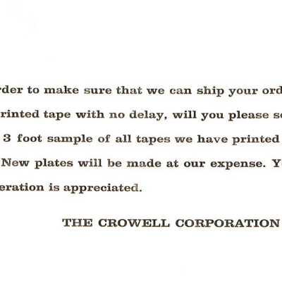 Note to customers regarding need for print samples after fire, 1965