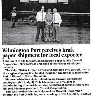First import shipment of kraft paper through the Port of Wilmington, 1990
