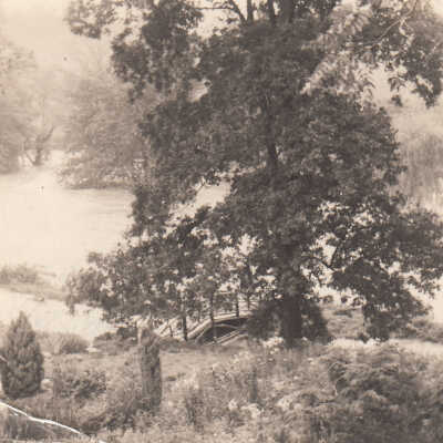Red Clay Creek flooding below Auburn Heights rock garden and footbridge, 1938