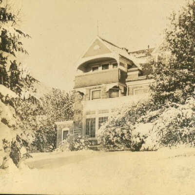 Auburn Heights mansion and trees covered in snow