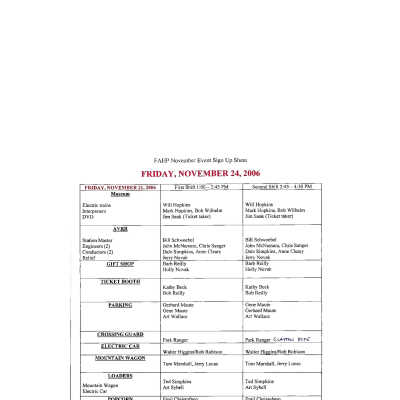 2006 - Thanksgiving Steamin' Day volunteer sign-up sheets