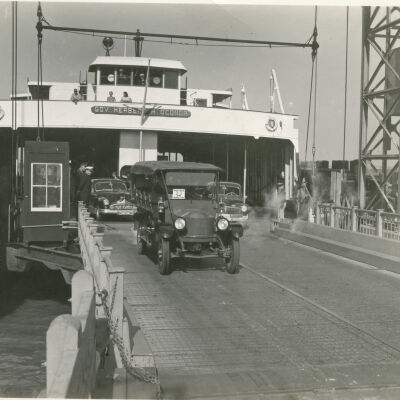 1949 Glidden Tour with 1915 Stanley Mountain Wagon exiting the Chesapeake Bay Ferry