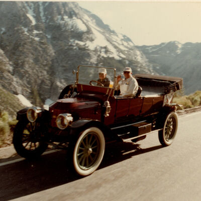 1982 Transcontinental Tour - Thomas C Marshall, Jr., and Lindsay Greenplate in the 1912 Stanley Model 87 descending the Tioga Pass near Yosemite National Park, CA