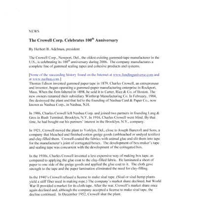 Press release announcing the 100th anniversary of Crowell Tape with a detailed history, 2006
