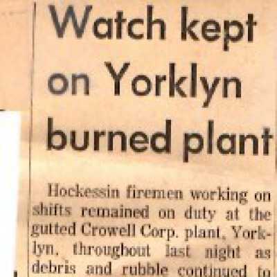 Wilmington Morning News article regarding aftermath of the Crowell Tape Mill fire, 1964