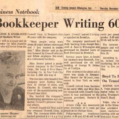 Wilmington Evening Journal article regarding the retirement of Jeanette Henter from Crowell Tape after 60 years, 1968