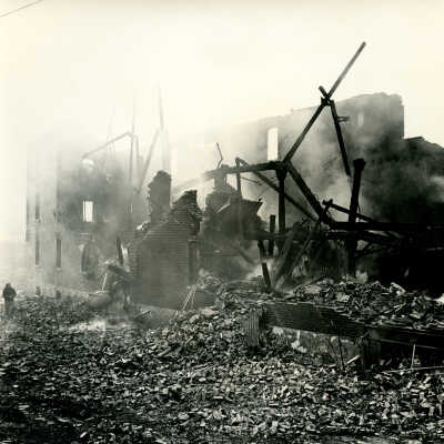 Crowell Tape Mill after fire viewed from Route 82, 1964