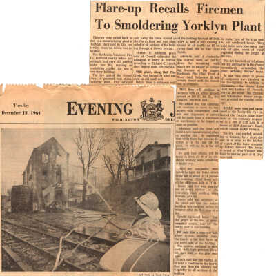 Wilmington Evening Journal article about the aftermath of the Crowell Tape Mill fire, 1964