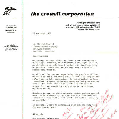 Letter to customers regarding the Crowell Tape Mill Fire, 1964