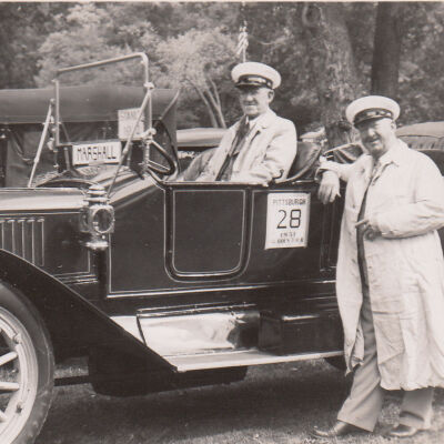 1951 Glidden Tour - T Clarence Marshall and J Homer Kratz and the 1912 Stanley Touring Model 87 at Bedford Springs, PA, 1951