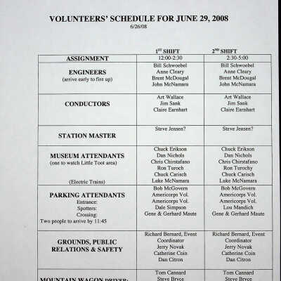 2008 - volunteer schedule for June Steamin' Day