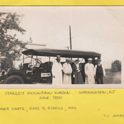 T Clarence Marshall, J Homer Kratz, Earle S Eckels, and others with the 1915 Stanley Mountain Wagon Model 820 in Washington, NJ, 1950