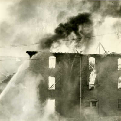 Crowell Tape Mill on fire, 1964