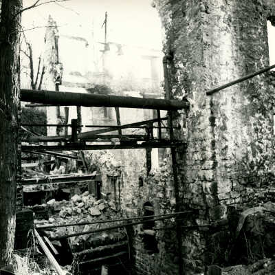 Crowell Tape Mill interior of building after fire, 1964