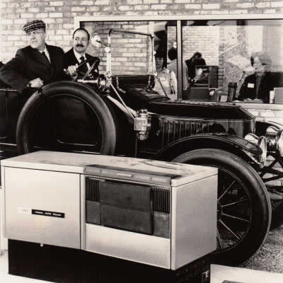 Thomas C Marshall Jr and the 1913 Stanley Model 76 touring "Becker" car helping open a branch bank in Kennett Square, PA, 1973