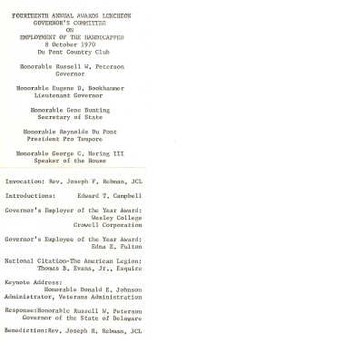Agenda from the Governor's Committee on Employment Award luncheon, 1970
