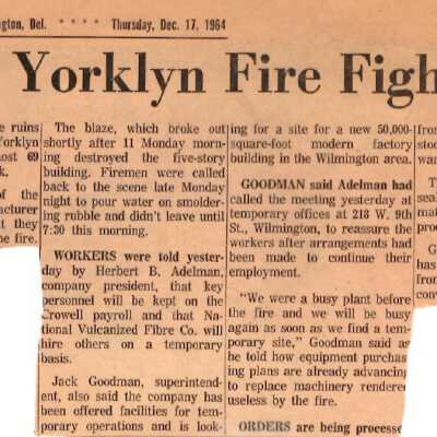 Wilmington Evening Journal article about the aftermath of the Crowell Tape Mill fire, 1964