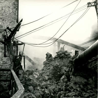 Crowell Tape Mill interior view of building after fire, 1964