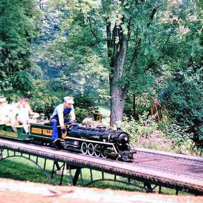 Engine 402 being operated by Larry Jensen on the trestle at Magic Age of Steam, 1973