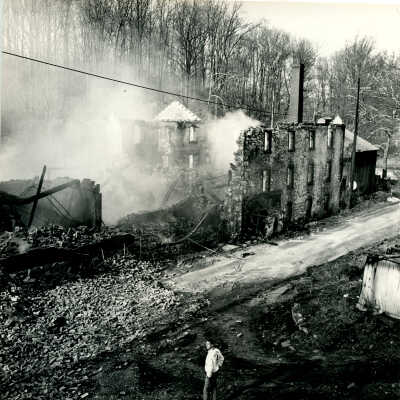 Crowell Tape Mill building after fire, 1964