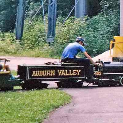 Engine 402 being operated by Larry Jensen at the back crossing at Magic Age of Steam, 1973