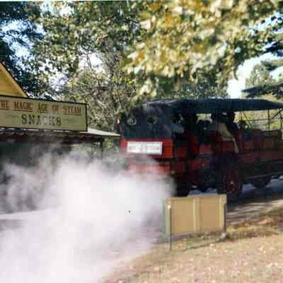 Stanley Mountain Wagon passing by the Magic Age of Steam snack bar, 1970s