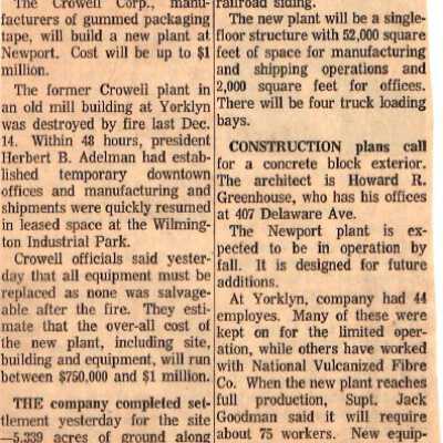 Newspaper clipping of Crowell Tape plans to build new plant, 1965