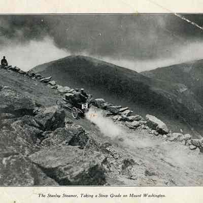 1908 menu card from Hotel Ormond featuring a Stanley steam car ascending Mt Washington, NH