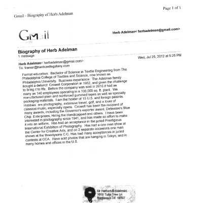 Biography of Herb Adelman, 2012