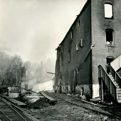 Crowell Tape Mill main building after fire, 1964